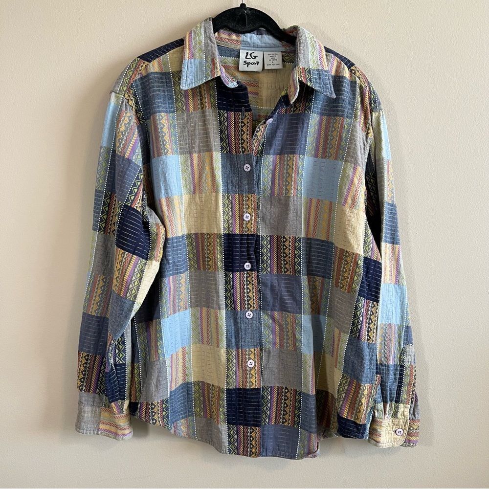 ✨ Vintage LG Sport Multicolor Patchwork Long Sleeve Button Down Shirt Large - Picture 1 of 9